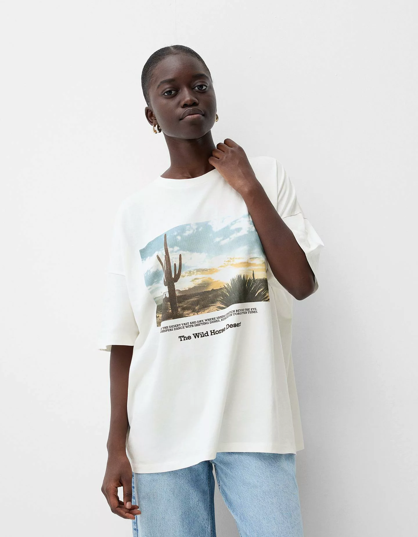 Bershka T-Shirt Mit Print Damen M Rohweiß günstig online kaufen