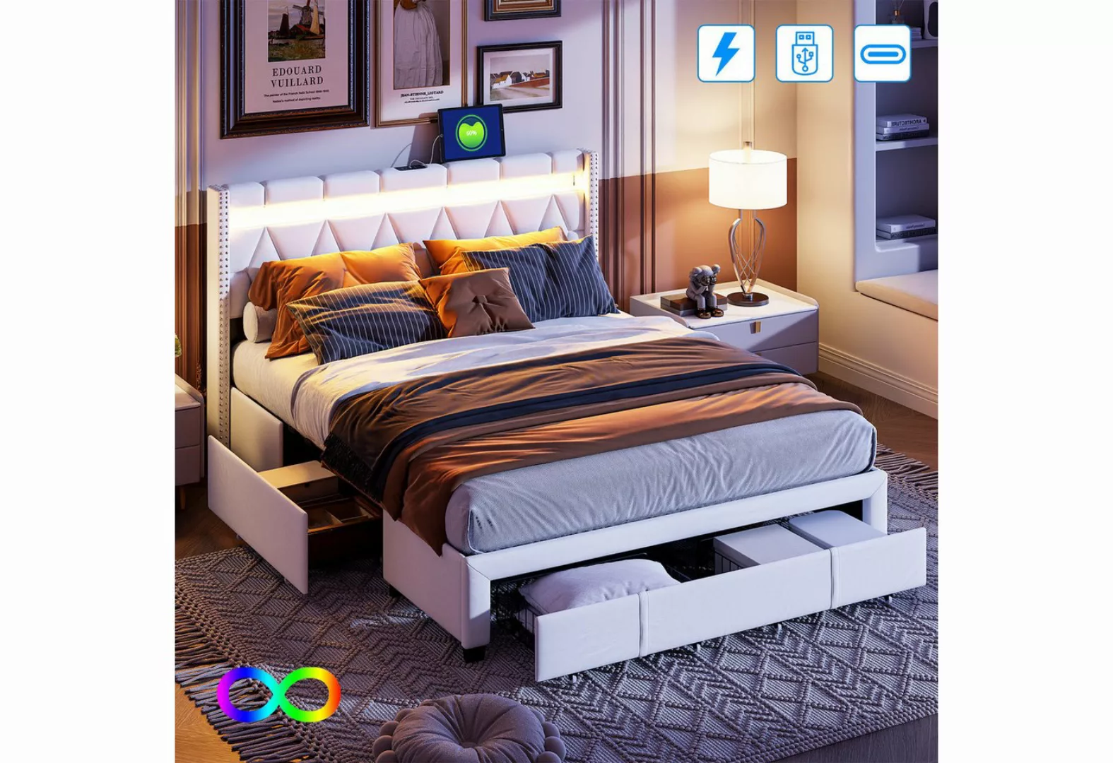 LuxeLiving Polsterbett LED Doppelbett (Geeignet für Jugendliche und Kinder) günstig online kaufen