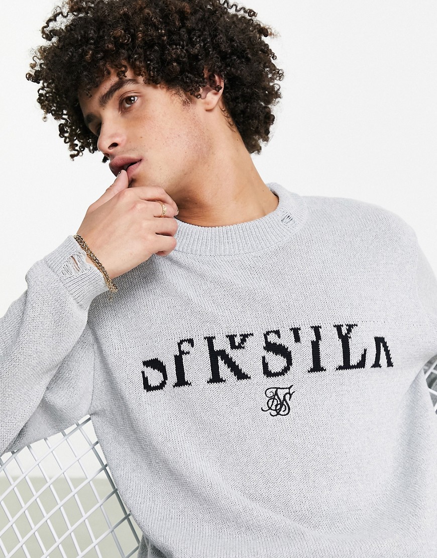 SikSilk – Strickpullover in Grau mit geteiltem Logo günstig online kaufen