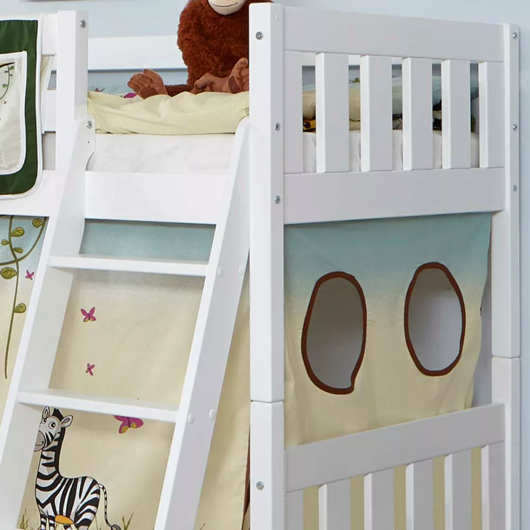 Kinderstockbett mit Vorhang im Zootier Design Buche Massivholz in Weiß günstig online kaufen
