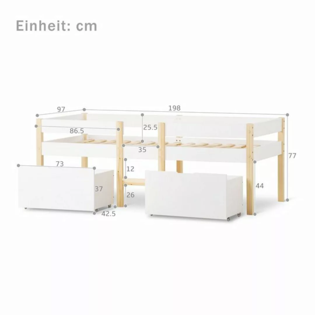 Ulife Kinderbett weißes beige Einzelbett, Hochbett mit Schublade & Rausfall günstig online kaufen