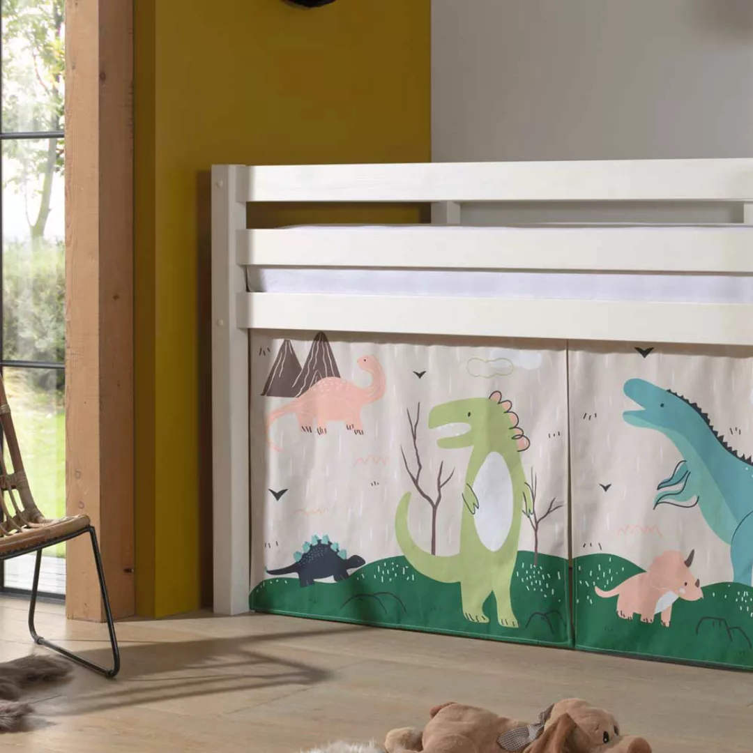 Kinderzimmer Bett aus Kiefer Massivholz Weiß mit Leiter und Dino Vorhang günstig online kaufen