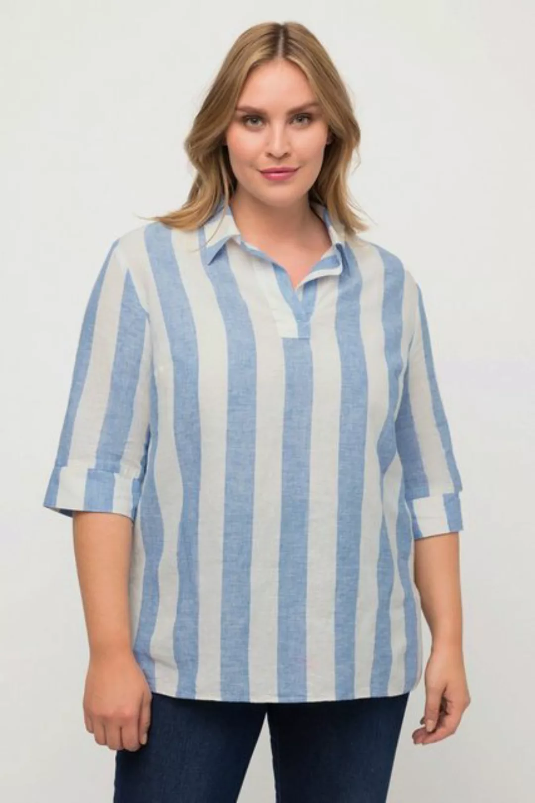 Ulla Popken Hemdbluse Bluse Oversized V-Ausschnitt 3/4-Arm Leinenmix günstig online kaufen