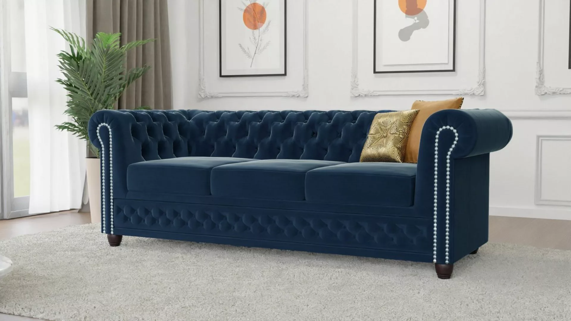 S-Style Möbel Chesterfield-Sofa Lena 3-Sitzer mit Schlaffunktion Samt Bezug günstig online kaufen