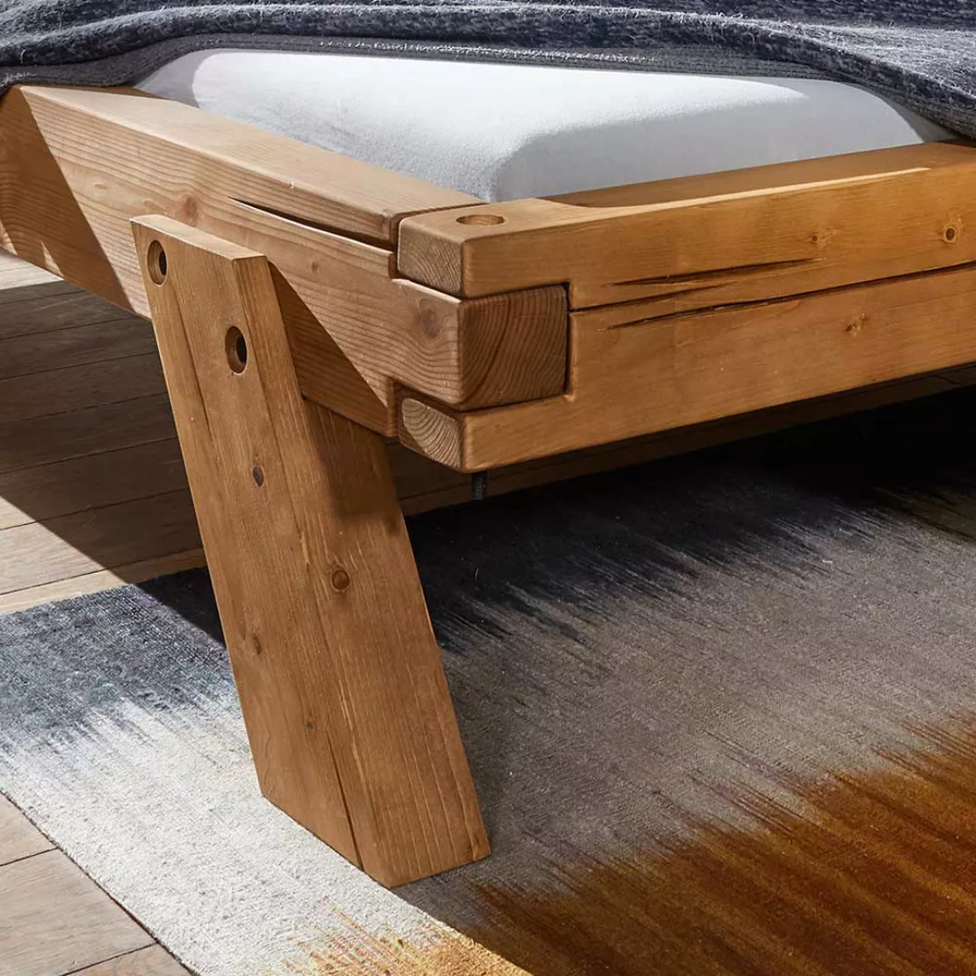 Massivholz Balkenbett mit Nachtkonsolen aus Kiefer Eiche Honigfarben (dreit günstig online kaufen