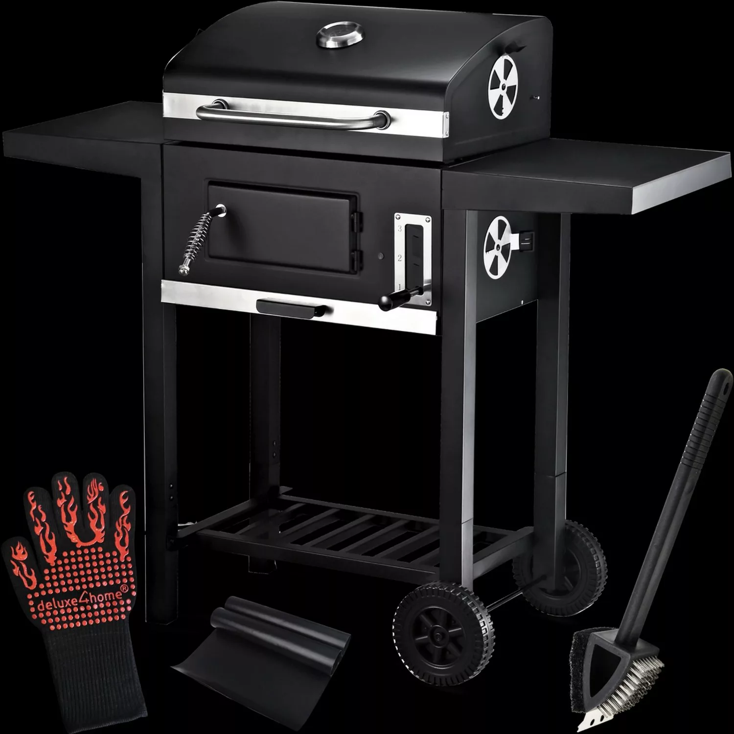 deluxe4home Holzkohlegrill mit Deckel Grillwagen 2 Ablagen Thermometer günstig online kaufen