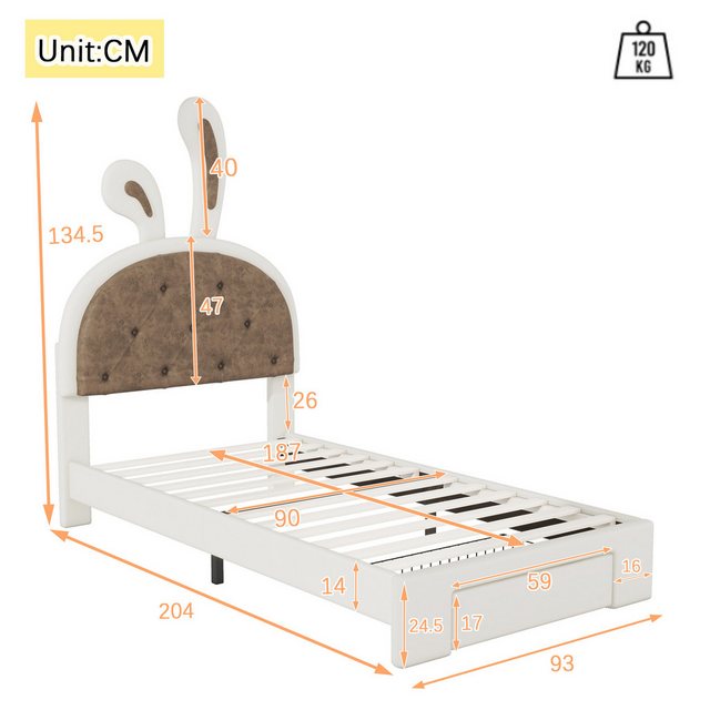 Ulife Kinderbett Flaches Kinderbett 90*200 cm Kinderbett, Cartoon Kaninchen günstig online kaufen