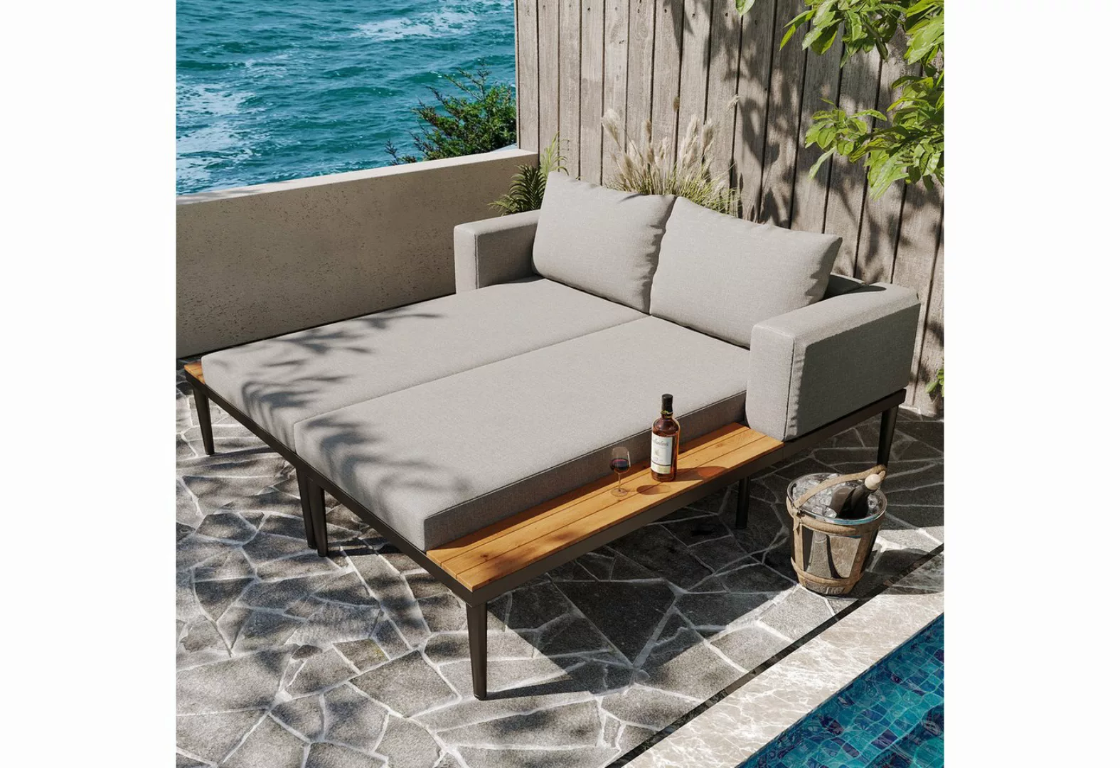 Merax Loungebett, Gartenmöbel Liegestuhl Schlafsofa Loungesessel, 150x140x5 günstig online kaufen