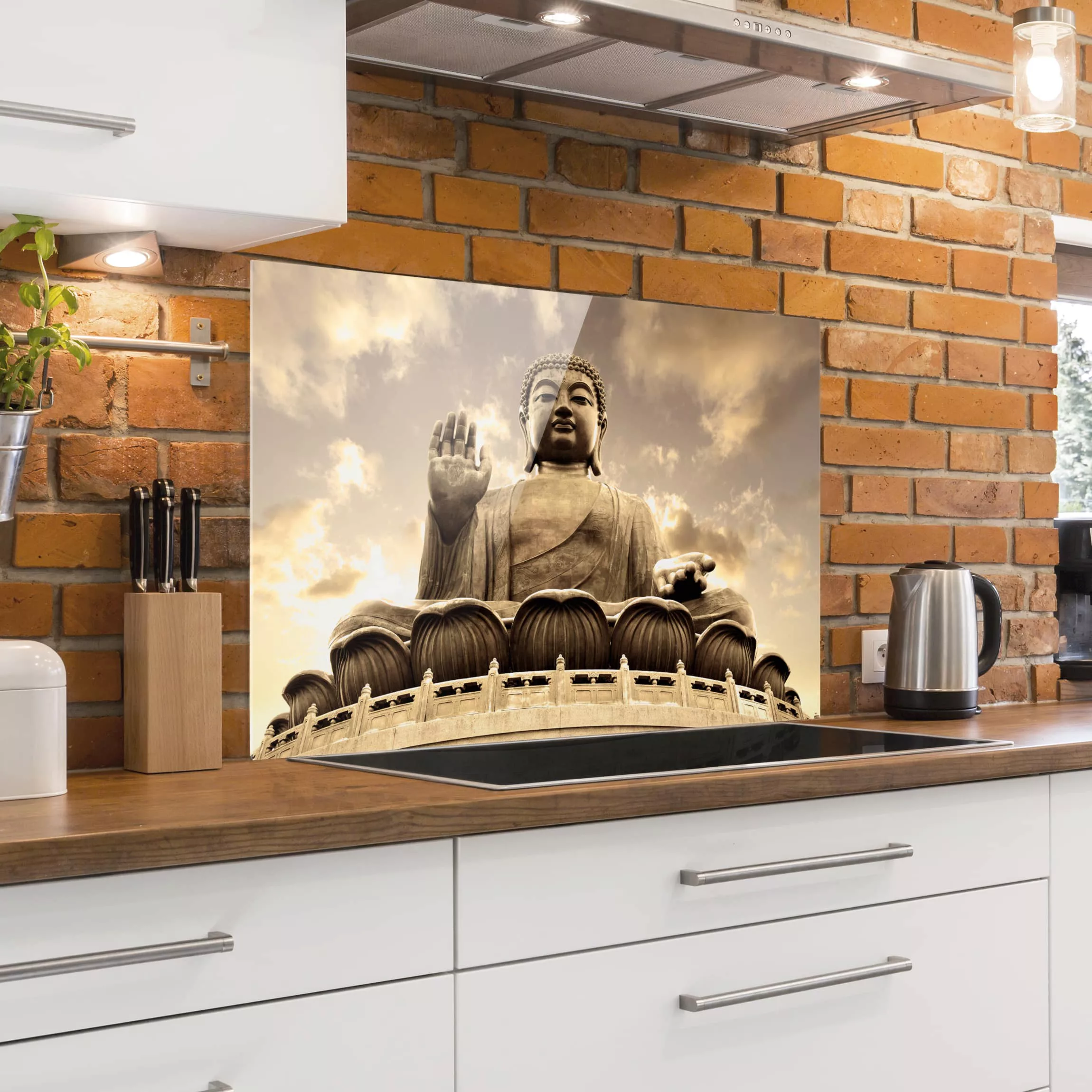 Glas Spritzschutz Buddha - Querformat 3:2 Großer Buddha Sepia günstig online kaufen