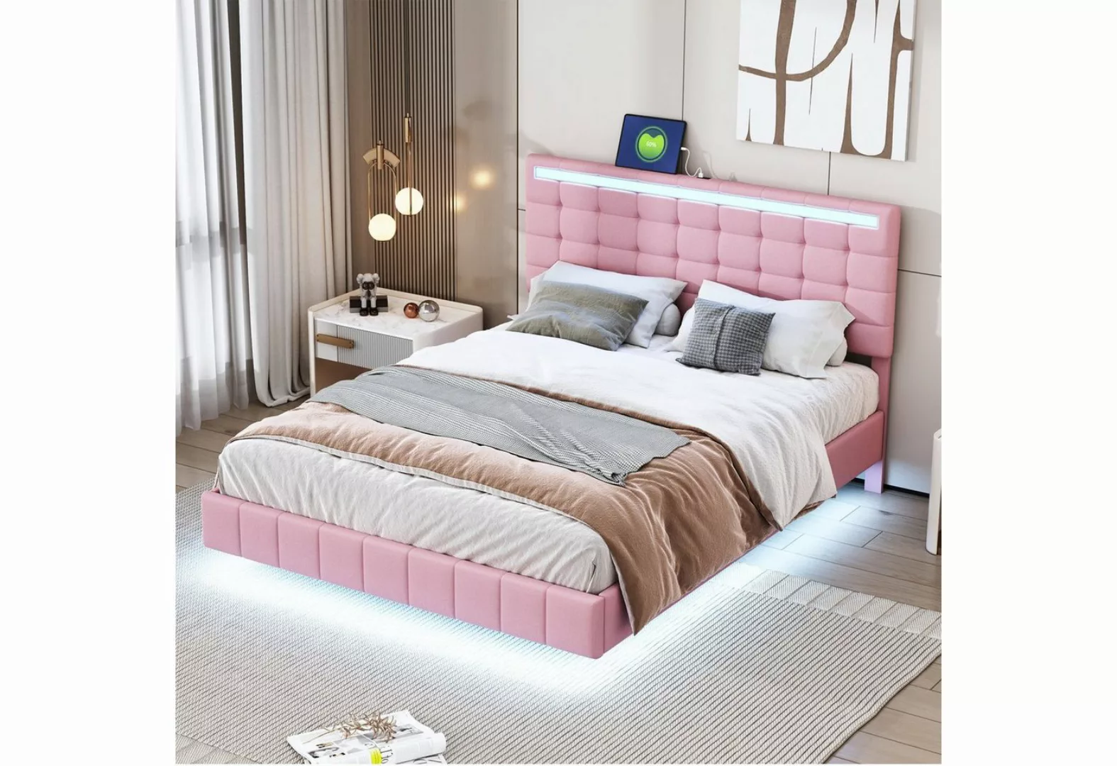 Flieks Polsterbett, LED-Beleuchtung Doppelbett Schwebebettrahmen 140x200cm günstig online kaufen