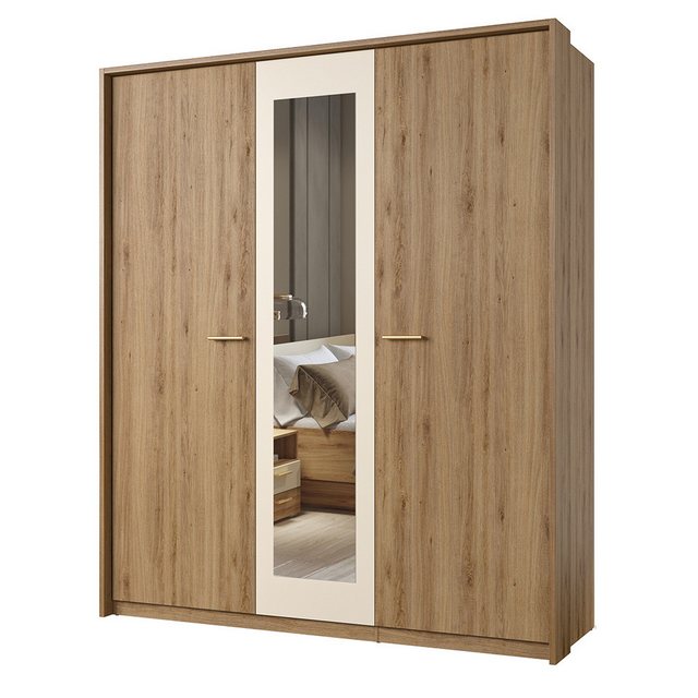 Lomadox Kleiderschrank VARESE-83 Eiche mit beige 3-trg. Spiegel Passepartou günstig online kaufen