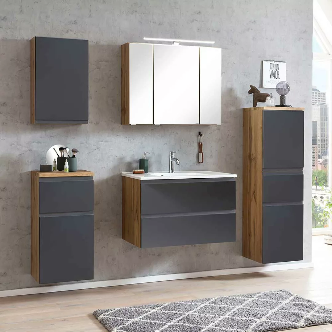 Waschplatz Set mit Spiegelschrank in Dunkelgrau Wildeichefarben (fünfteilig günstig online kaufen