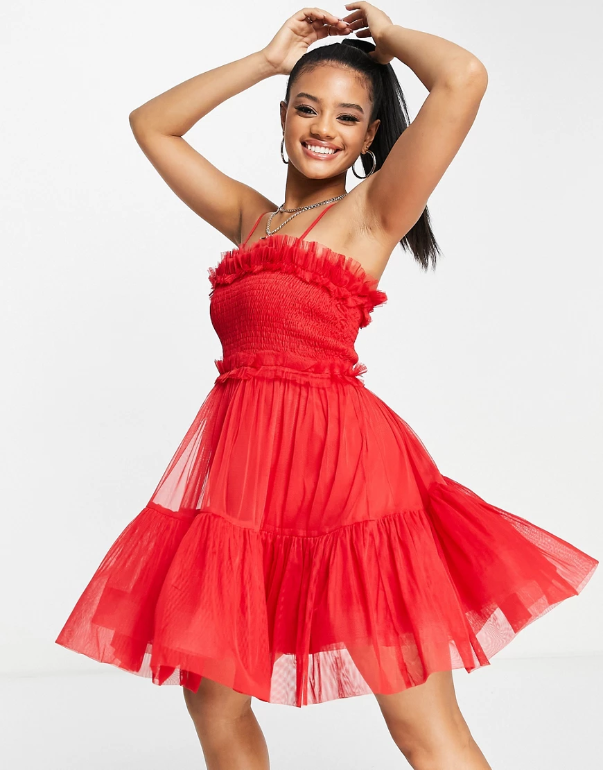 Lace & Beads – Kurzes Camisole-Kleid in leuchtendem Rot mit A-Linie günstig online kaufen
