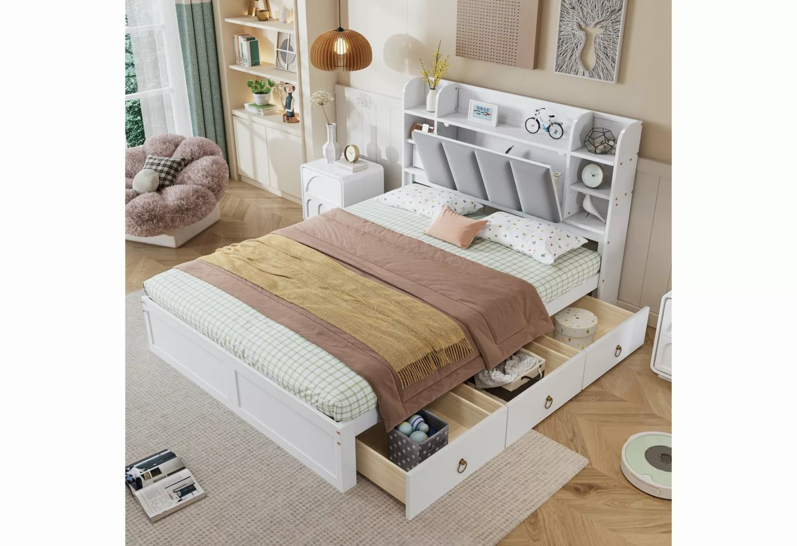 MODFU Stauraumbett Doppelbett Funktionsbett Kinderbett Holzbett (Offenes Re günstig online kaufen