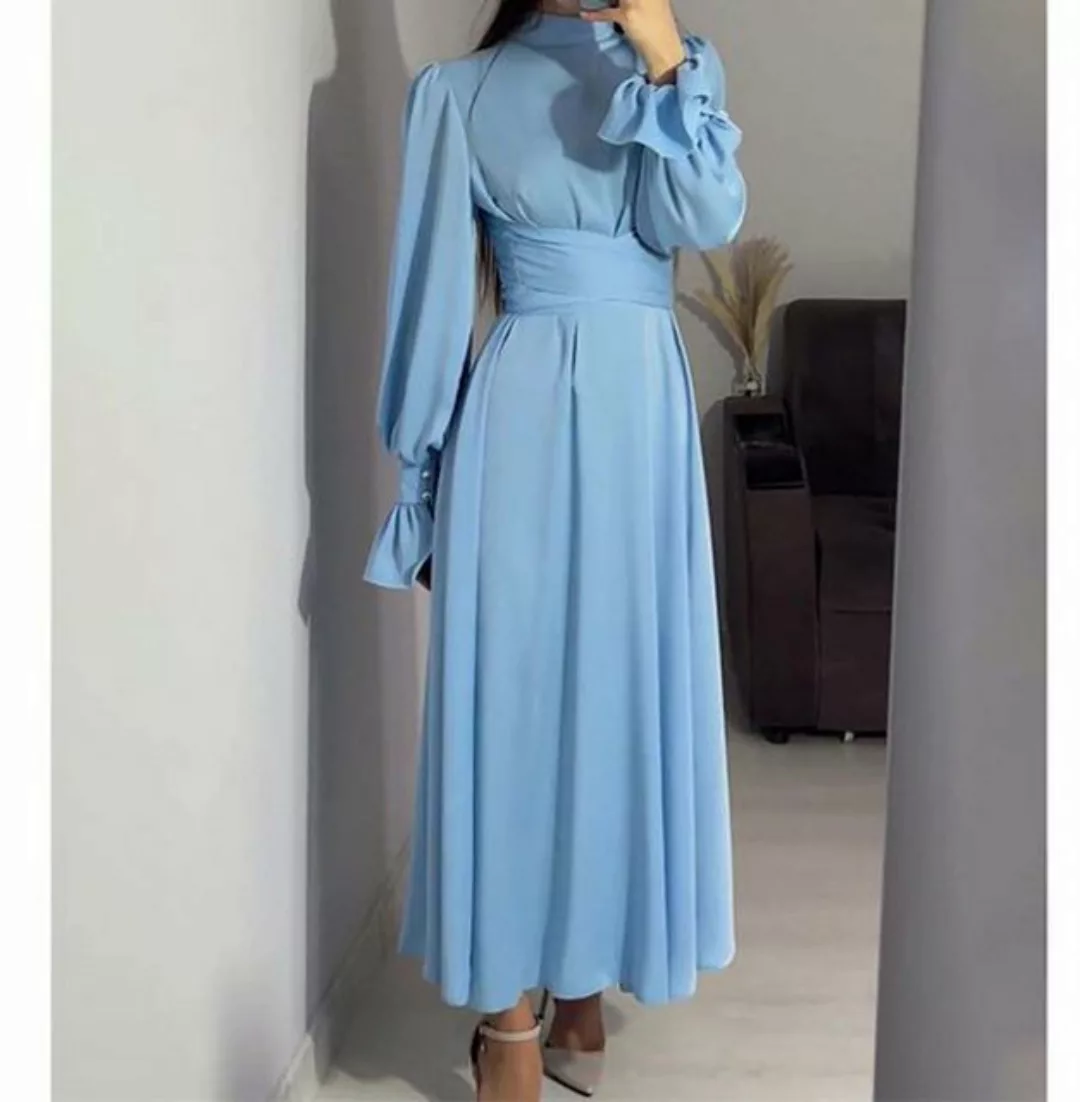 ZWY Dirndl Maxirock Einfarbiges Damenkleid mit langen Ärmeln und Gürtel günstig online kaufen
