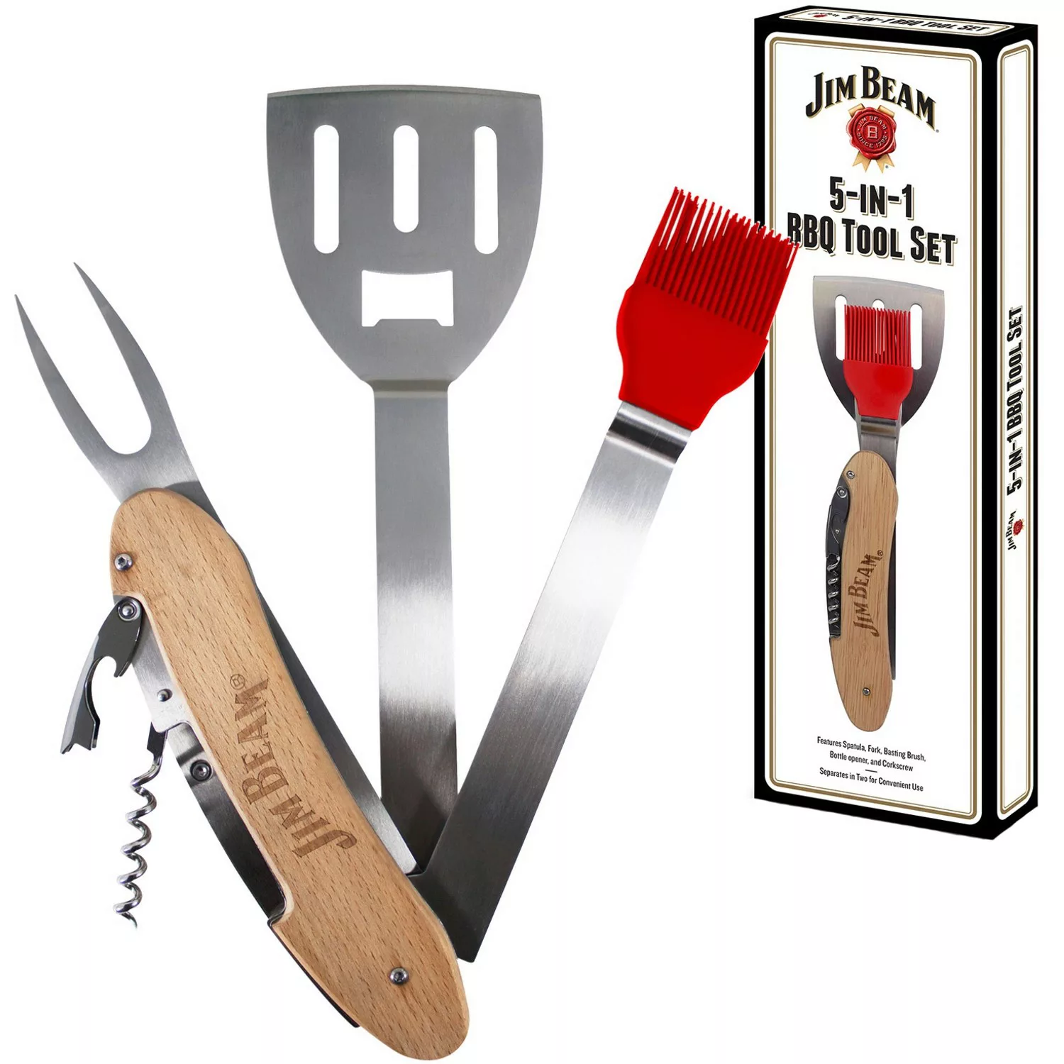 Jim Beam Klappbares 5-in-1 BBQ-Werkzeug Edelstahl Holzgriff Parawood günstig online kaufen