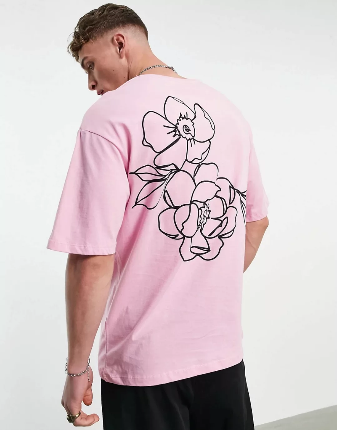 Jack & Jones Originals – Rosa Oversize-T-Shirt mit Rosen-Print hinten günstig online kaufen