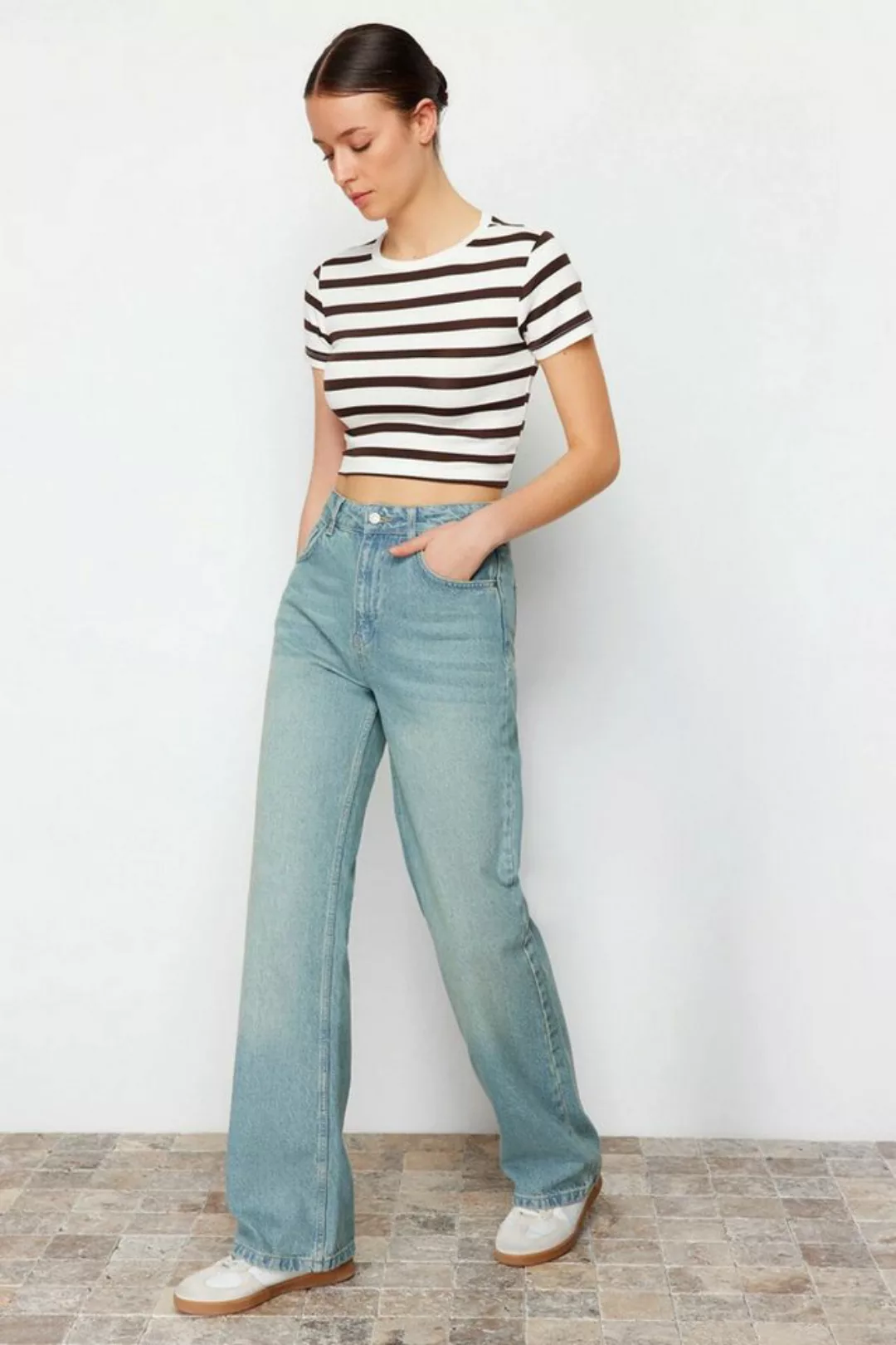 Nisan Ankle-Jeans Lange Wide-Leg-Jeans mit hohem Bund, 100% Baumwolle, Blau günstig online kaufen