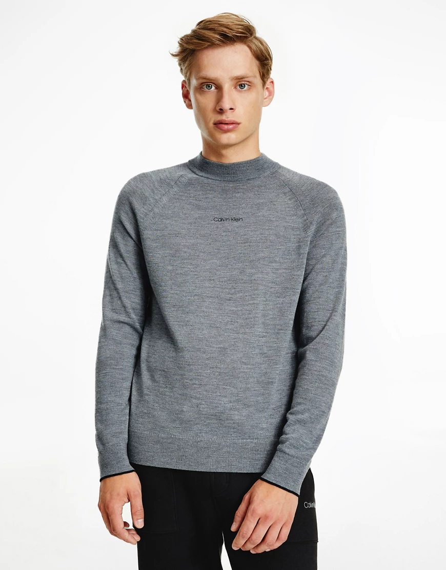 Calvin Klein – Strickpullover aus hochwertiger Wolle in Grau mit Stehkragen günstig online kaufen
