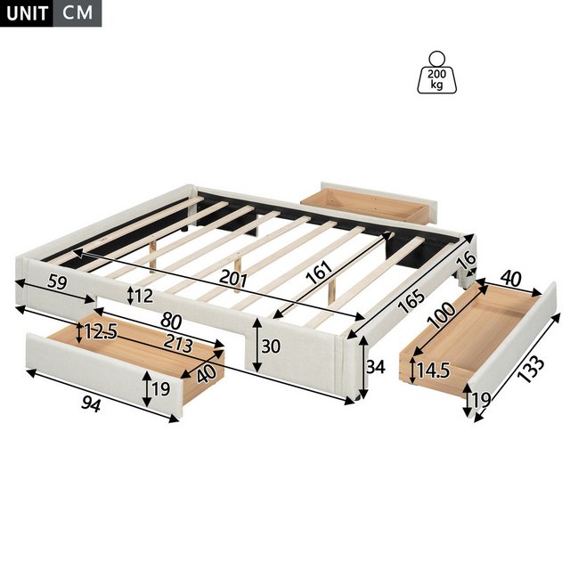 Flieks Polsterbett, Doppelbett Flachbett 160x200cm mit 3 Schubladen ohne Ko günstig online kaufen