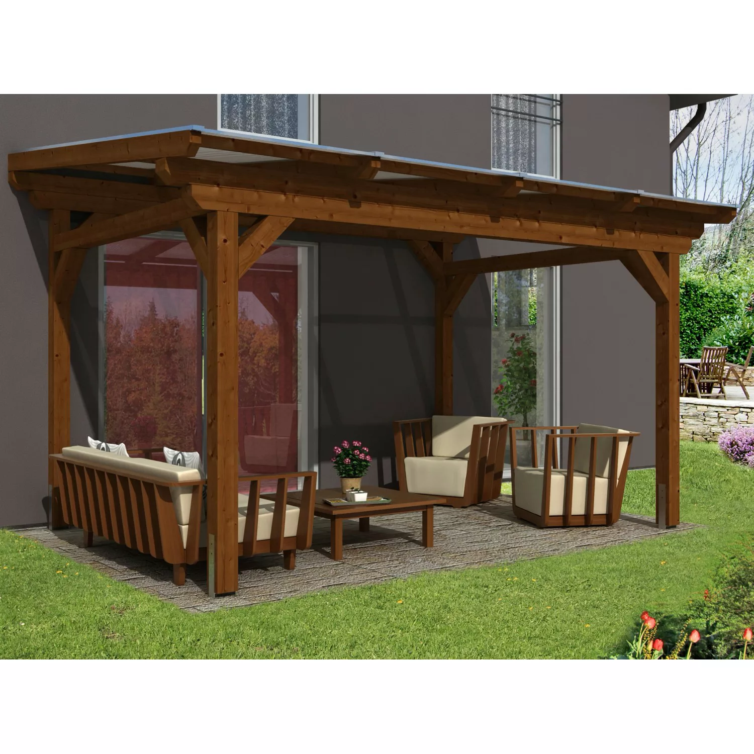 Skan Holz Terrassenüberdachung Sanremo 434 x 350 cm Leimholz Nussbaum günstig online kaufen