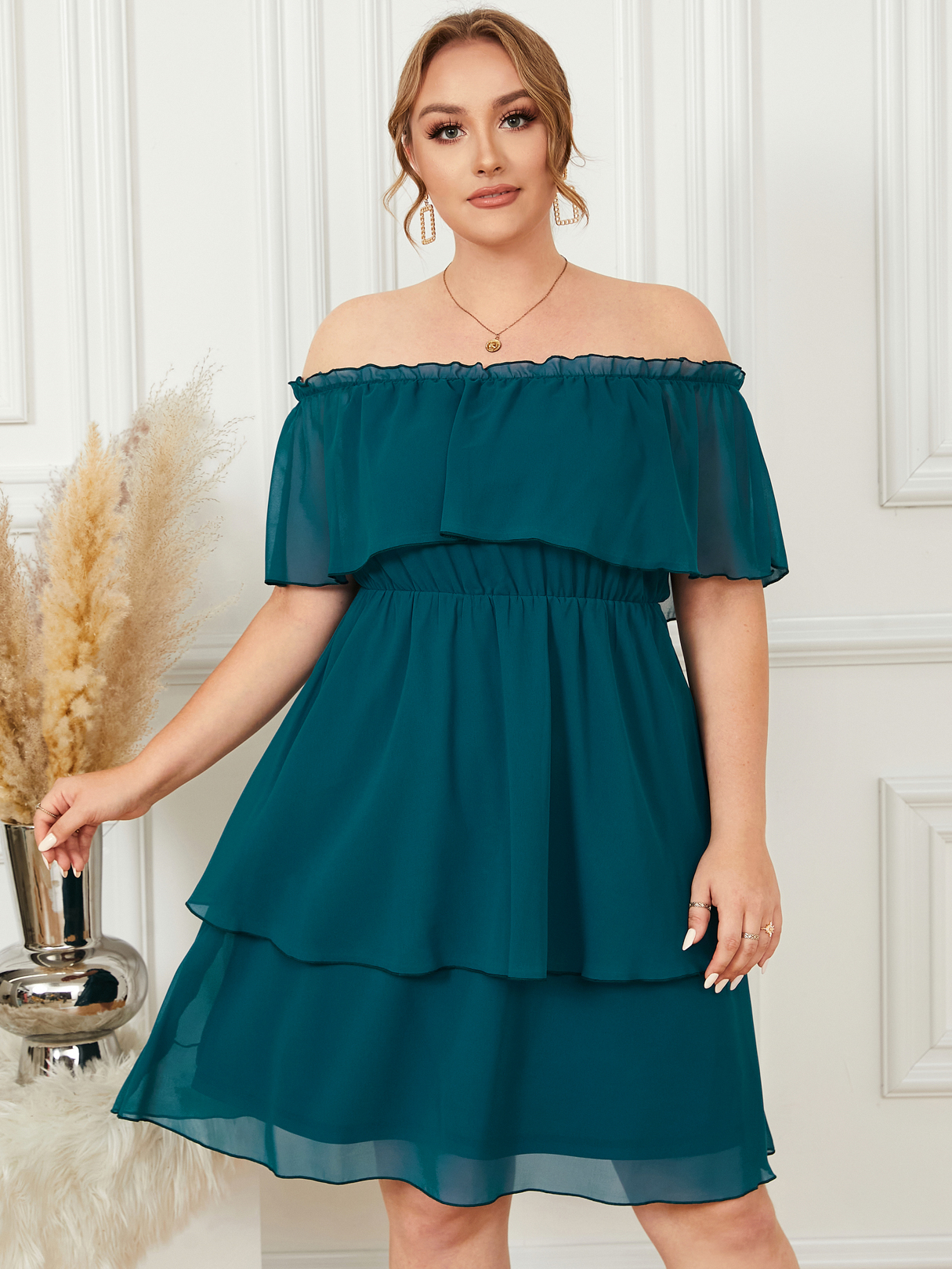 YOINS Plus Size schulterfreies Doppelschicht-Kleid mit kurzen Ärmeln günstig online kaufen