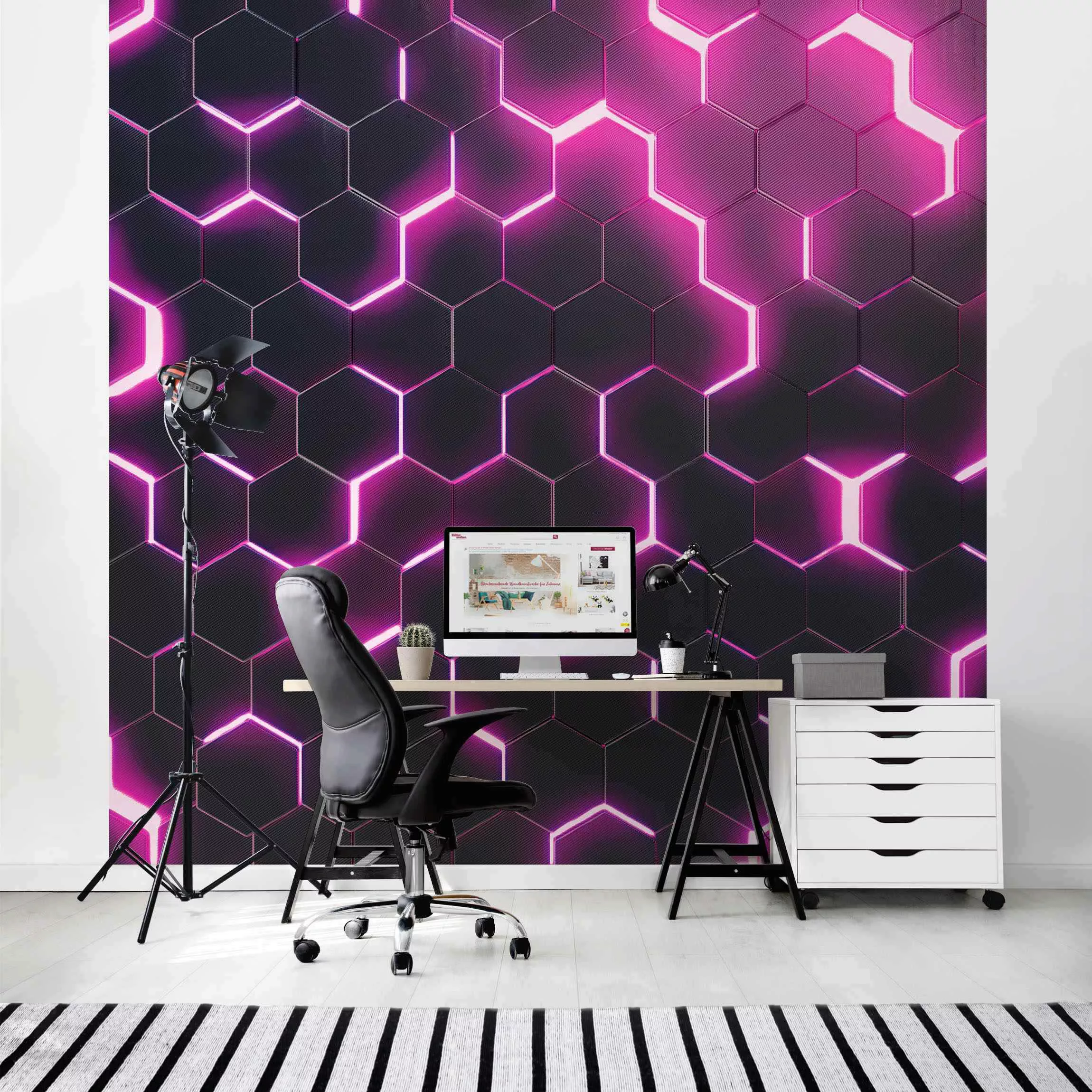 Fototapete Strukturierte Hexagone mit Neonlicht in Pink günstig online kaufen