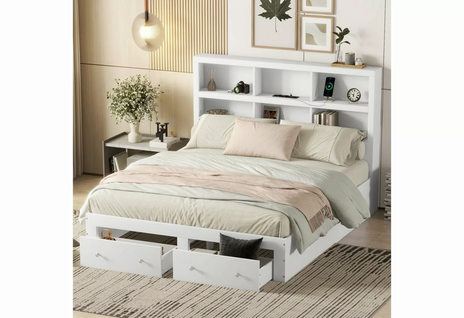 MODFU Bett Doppelbett Holzbett Stauraumbett Funktionsbett 160x200cm (Kopfte günstig online kaufen