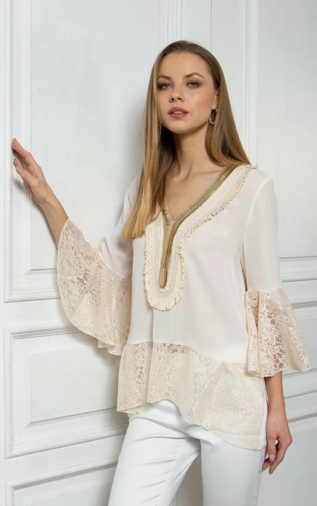 Passioni Tunika Beige orientalische Tunika mit goldenen Details und Spitze günstig online kaufen