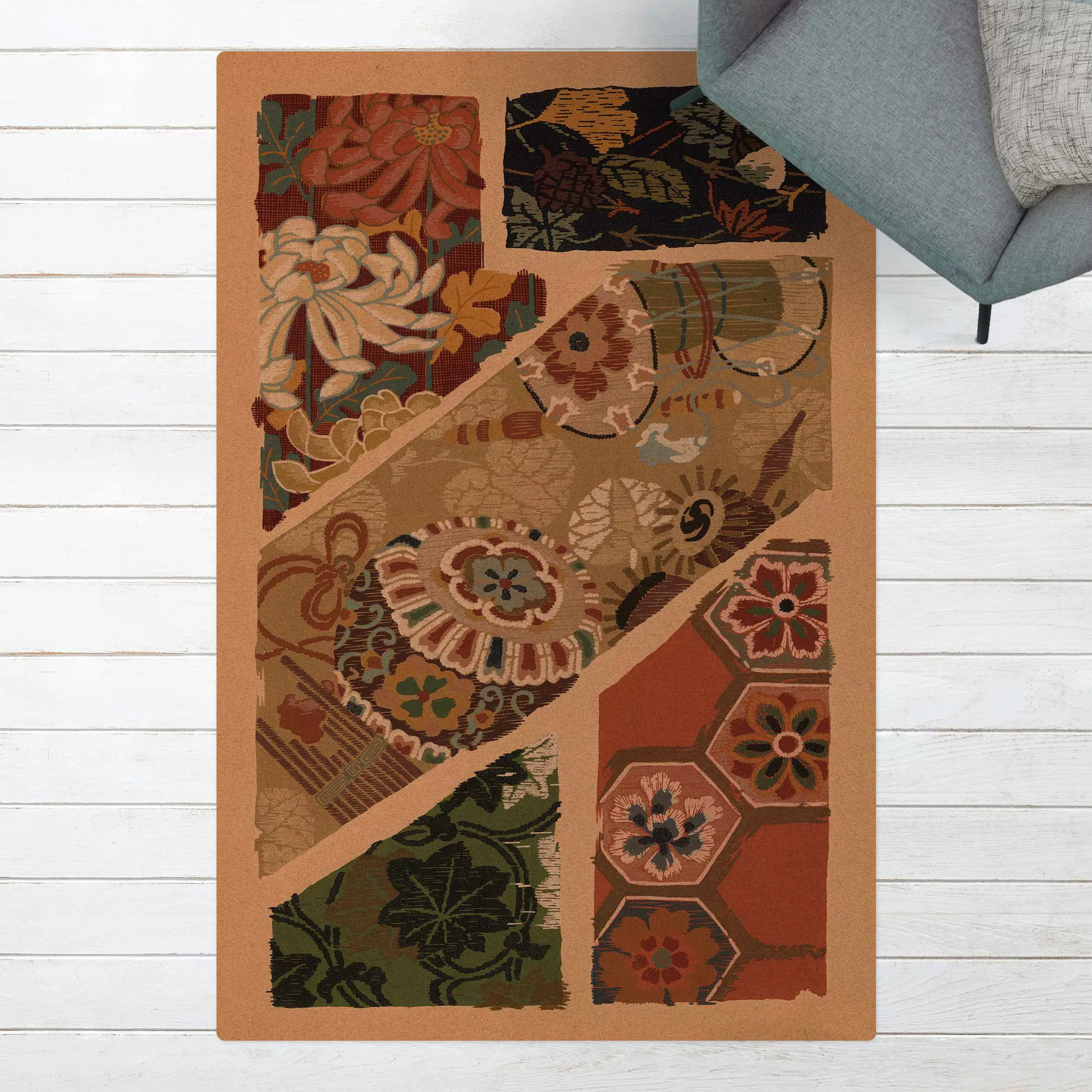 Kork-Teppich Florales Japanisches Textildesign günstig online kaufen