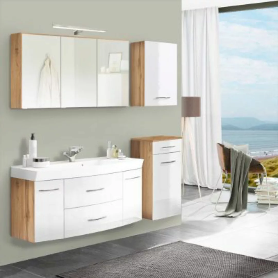 Lomadox Badmöbel Set mit 120cm Waschtisch FLORIDO-03-OAK in weiß Hochglanz günstig online kaufen