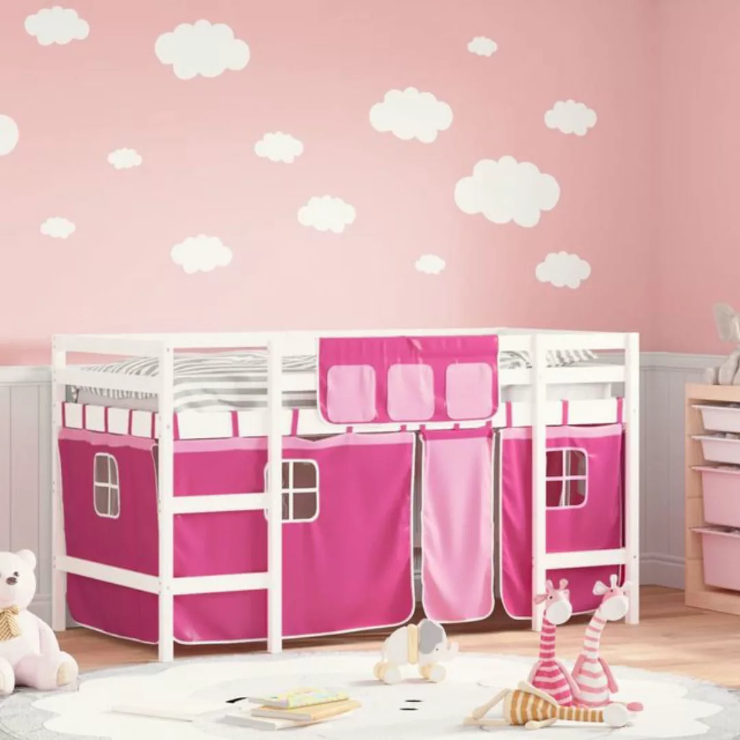 vidaXL Kinderbett Kinderhochbett mit Vorhängen Rosa 90x190 cm Massivholz Ki günstig online kaufen