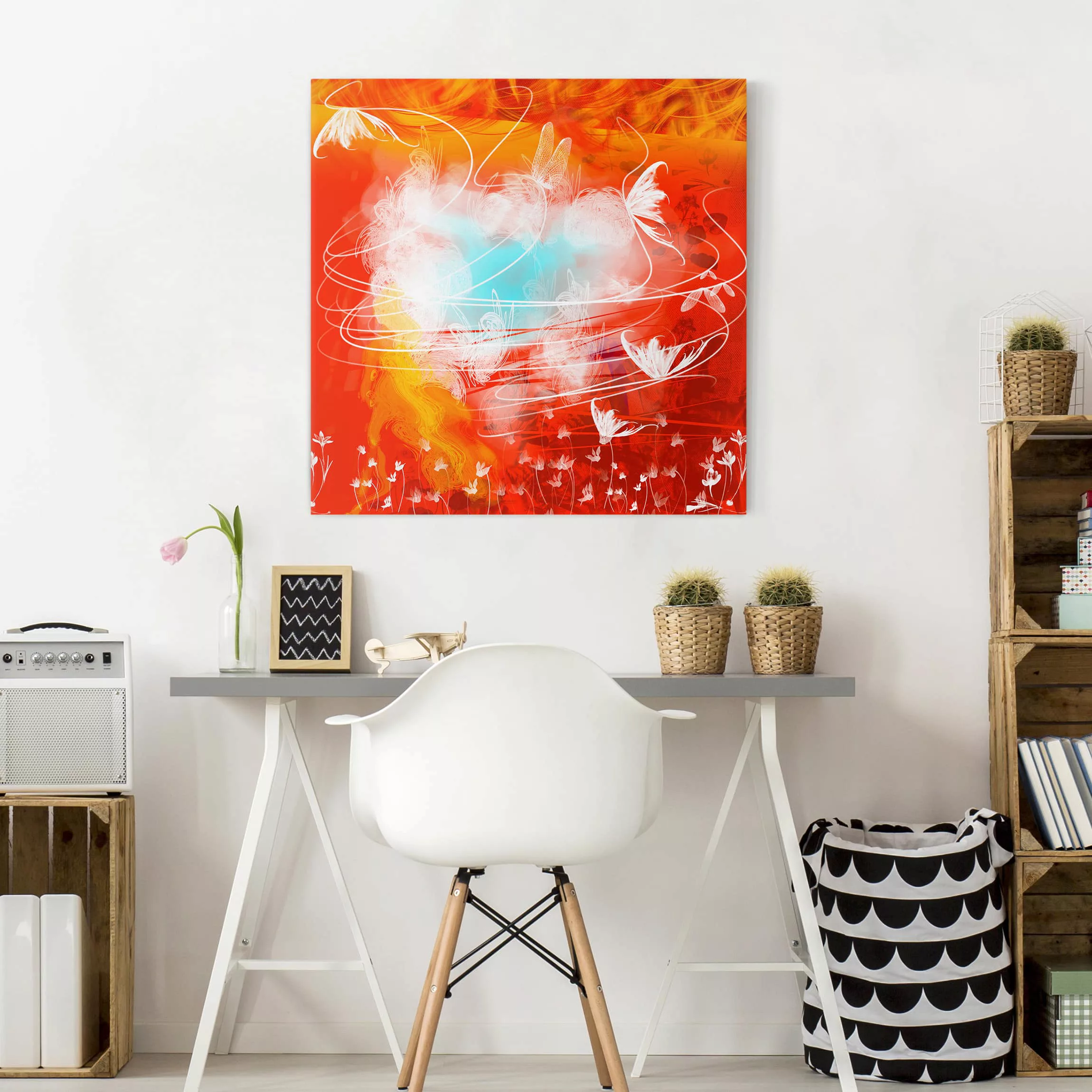 Leinwandbild Abstrakt - Quadrat Red Grunge with Butterflies günstig online kaufen