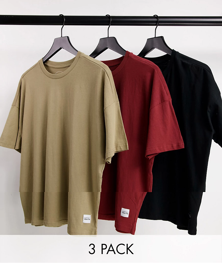 Native Youth – 3er-Pack Oversize-T-Shirt in Burgunderrot/Taupe/Schwarz-Mehr günstig online kaufen