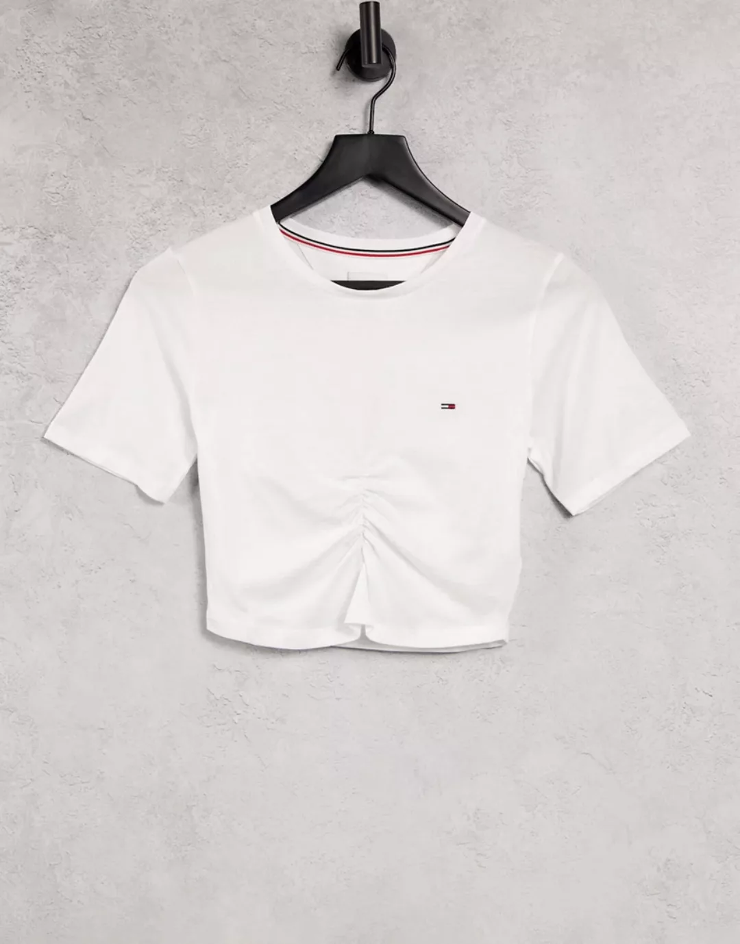 Tommy Jeans – T-Shirt mit Flaggenlogo in Weiß und geraffter Front günstig online kaufen