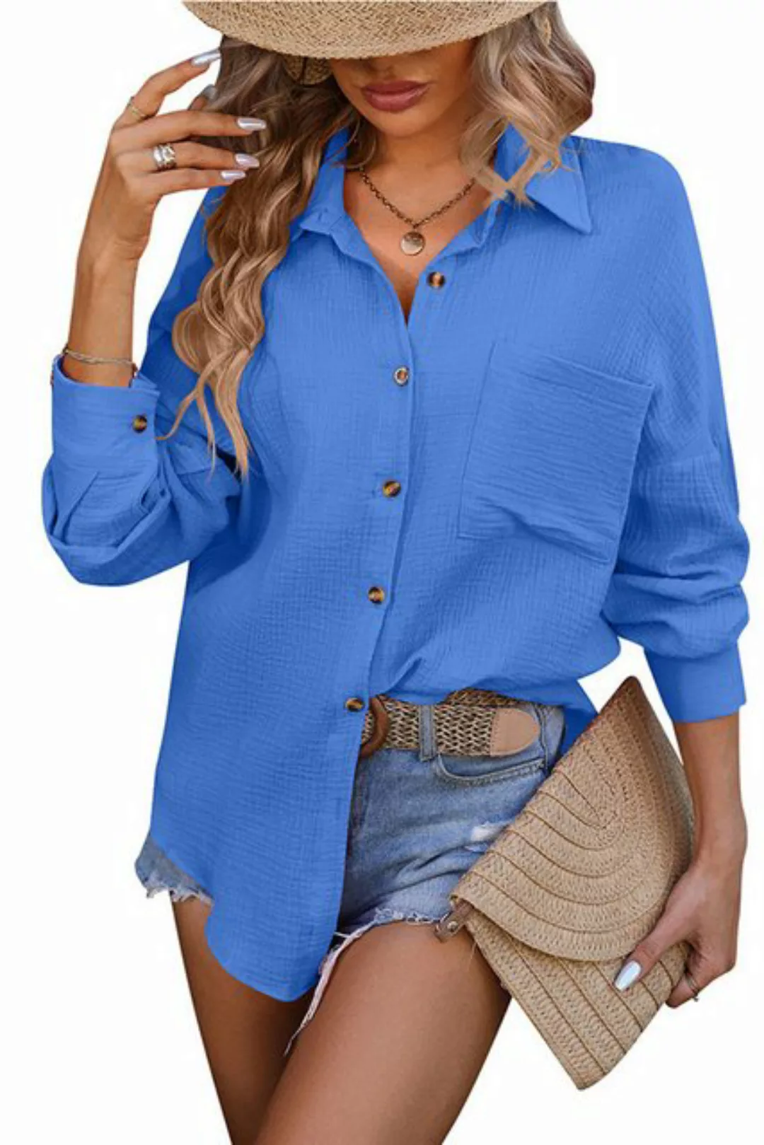 ENIX Langarmbluse Damen-Hemden,lässige Tuniken,einfarbige Oberteile mit Tas günstig online kaufen