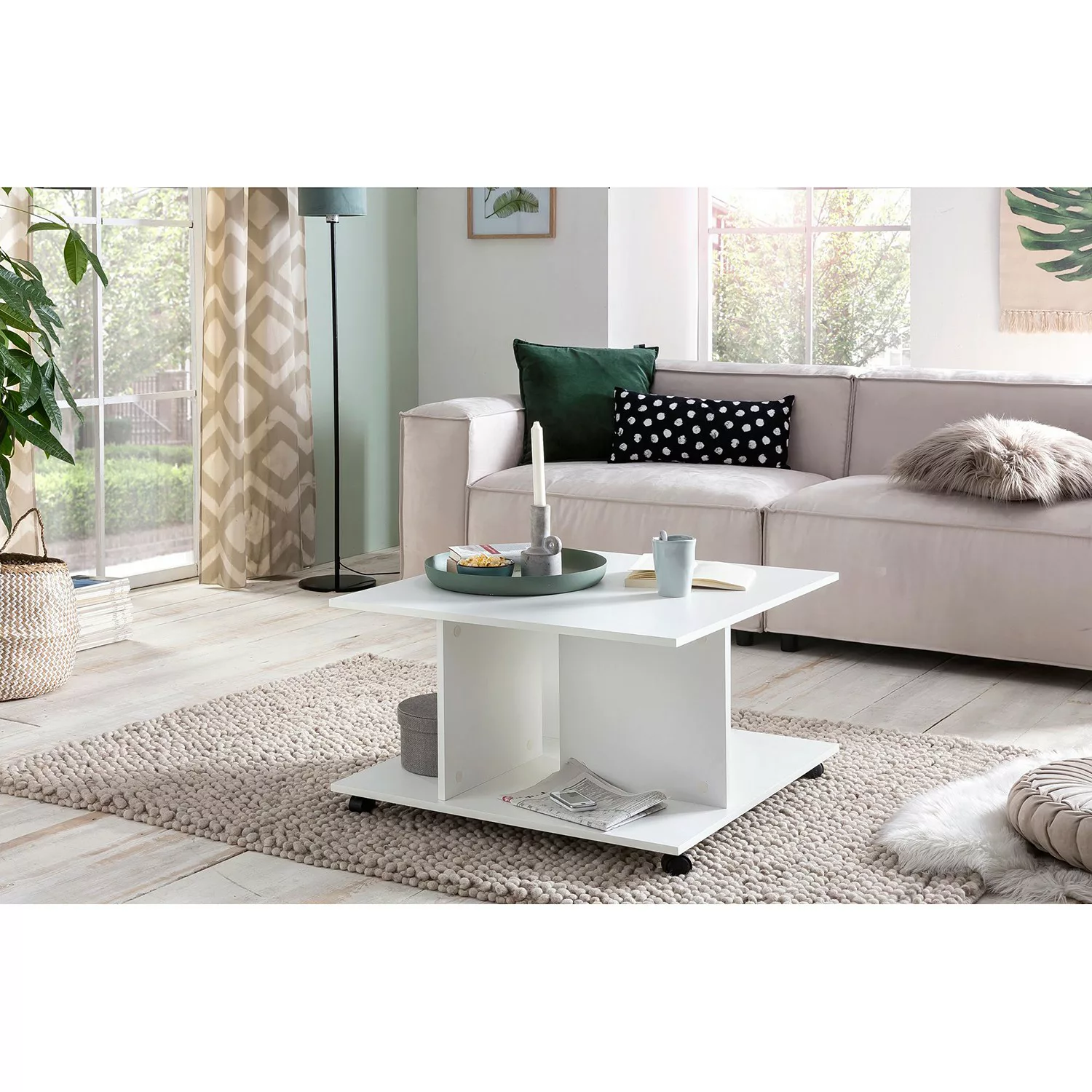 Design Couchtisch Weiß 74 x 74 x 43,5 cm Drehbar mit Rollen | Wohnzimmertis günstig online kaufen