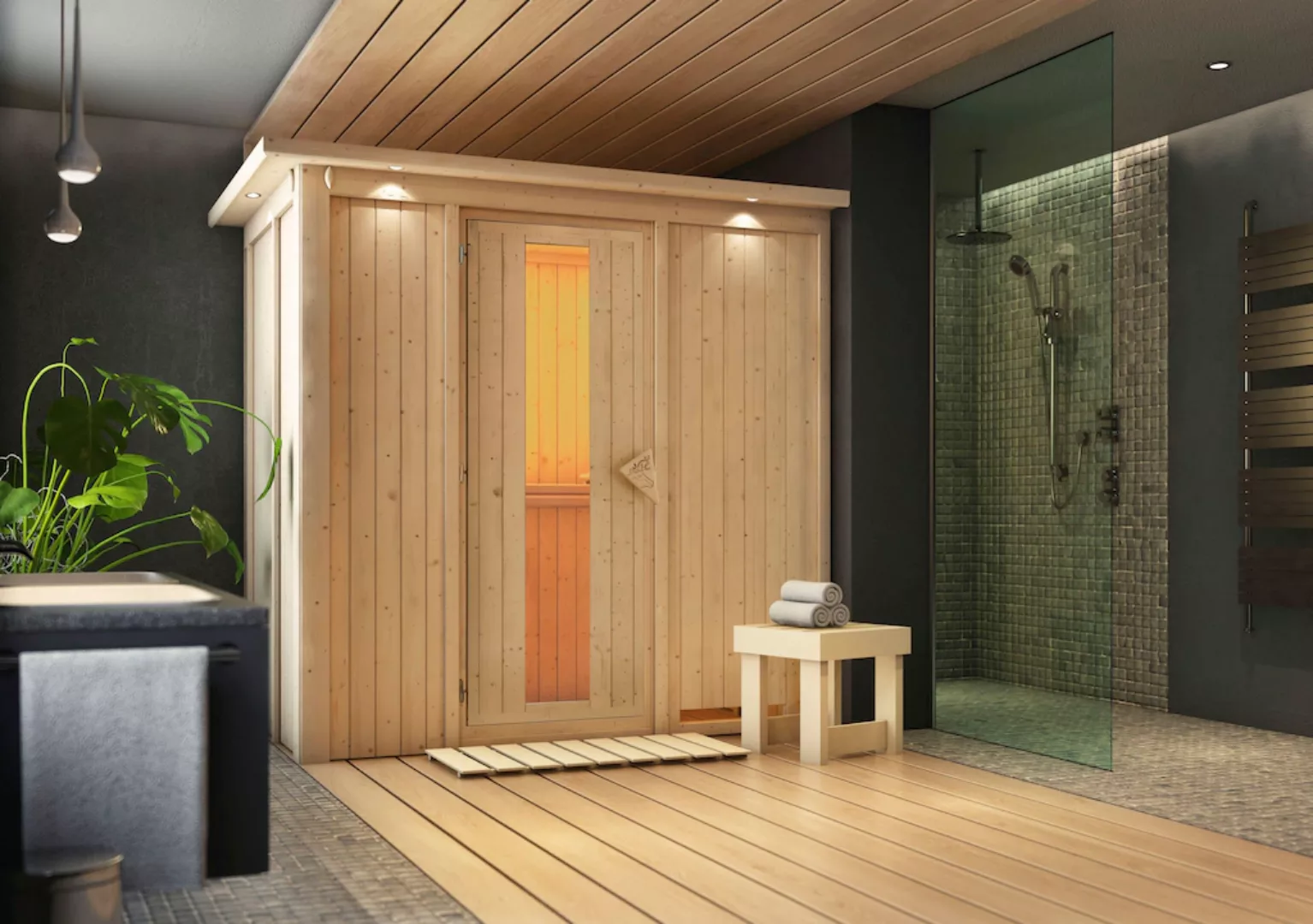 Karibu Sauna »Vada«, (Set), 9 KW-Ofen mit integrierter Steuerung günstig online kaufen