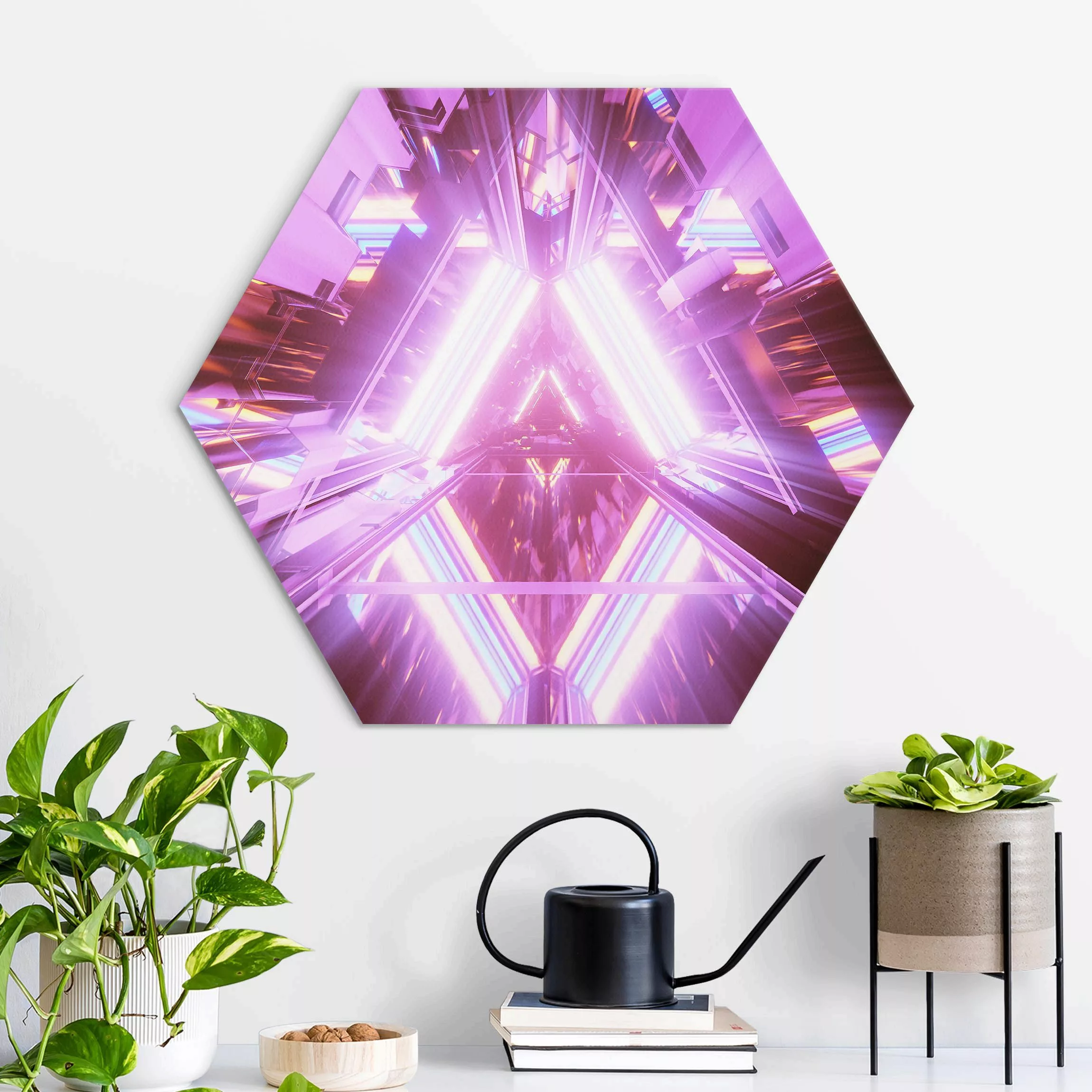 Hexagon-Alu-Dibond Bild Neonlichter im Dreieck günstig online kaufen