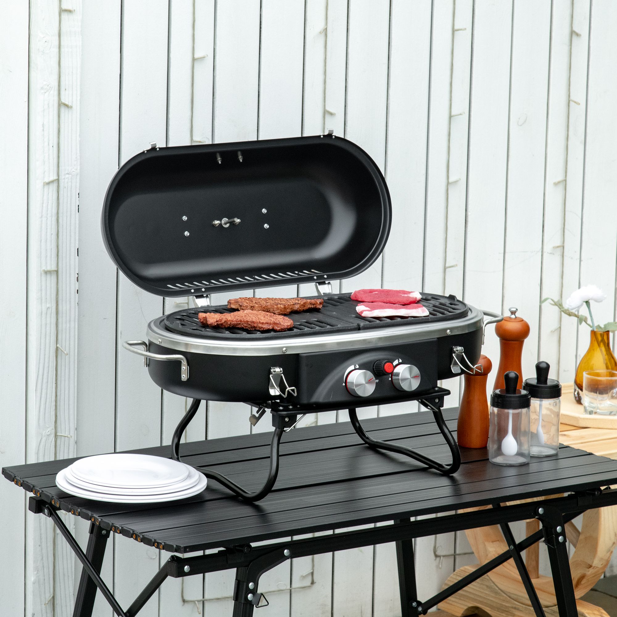 Outsunny Gasgrill 2,34 KW Klappbar BBQ Gartengrill inkl 2 Edelstahl-Brenner günstig online kaufen