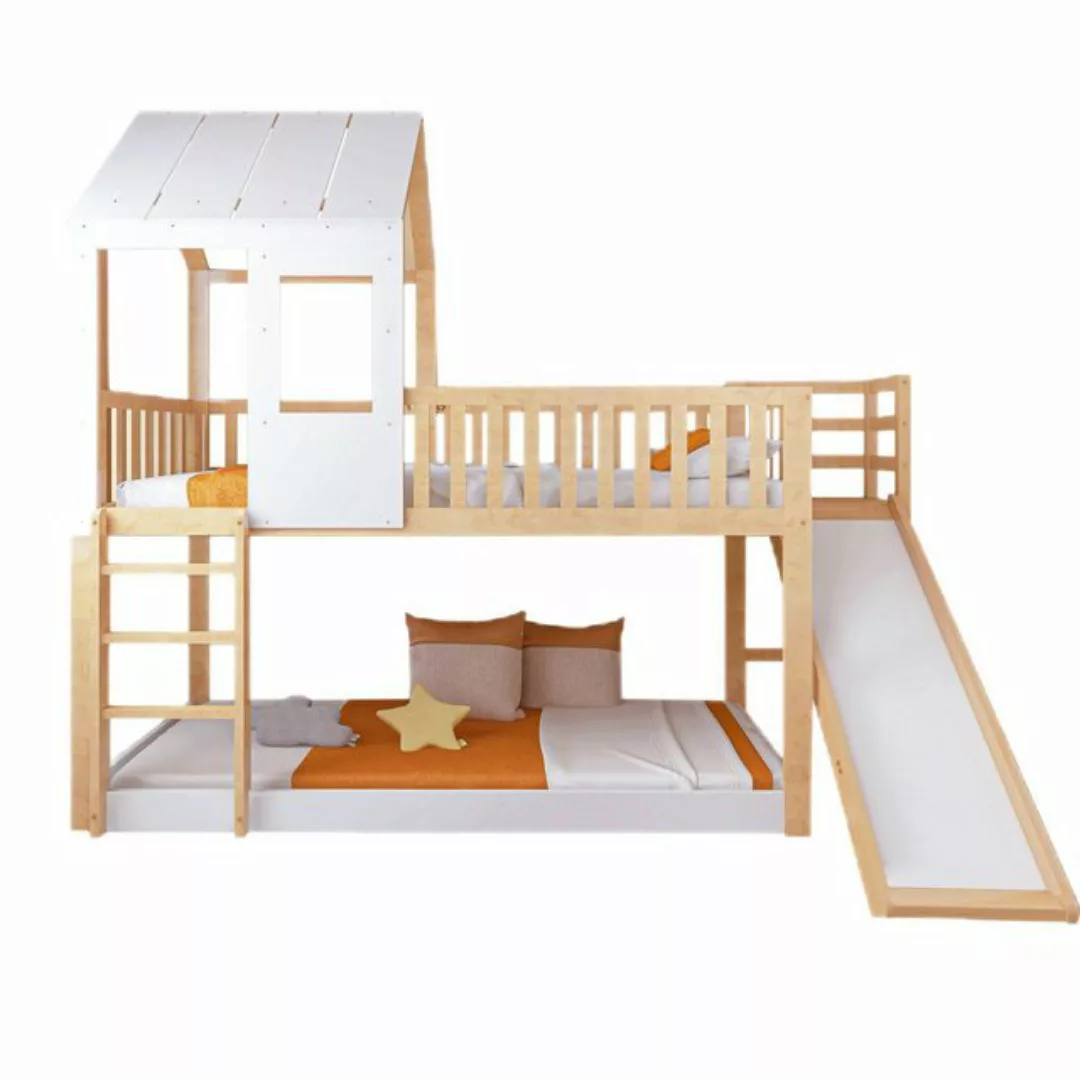 TavilaEcon Etagenbett Hausbett Kinderbett mit Dach und Fenster, Natur+Weiß, günstig online kaufen