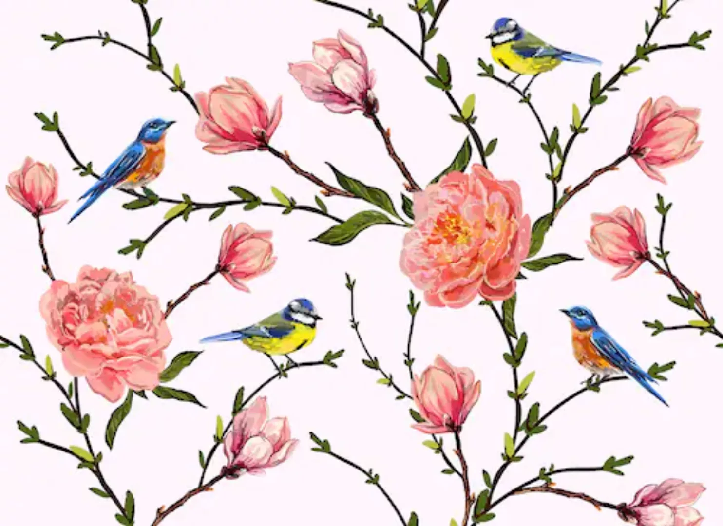 Fototapete Blumen Vögel Weiß Blau Grün Gelb 3,50 m x 2,55 m FSC® günstig online kaufen