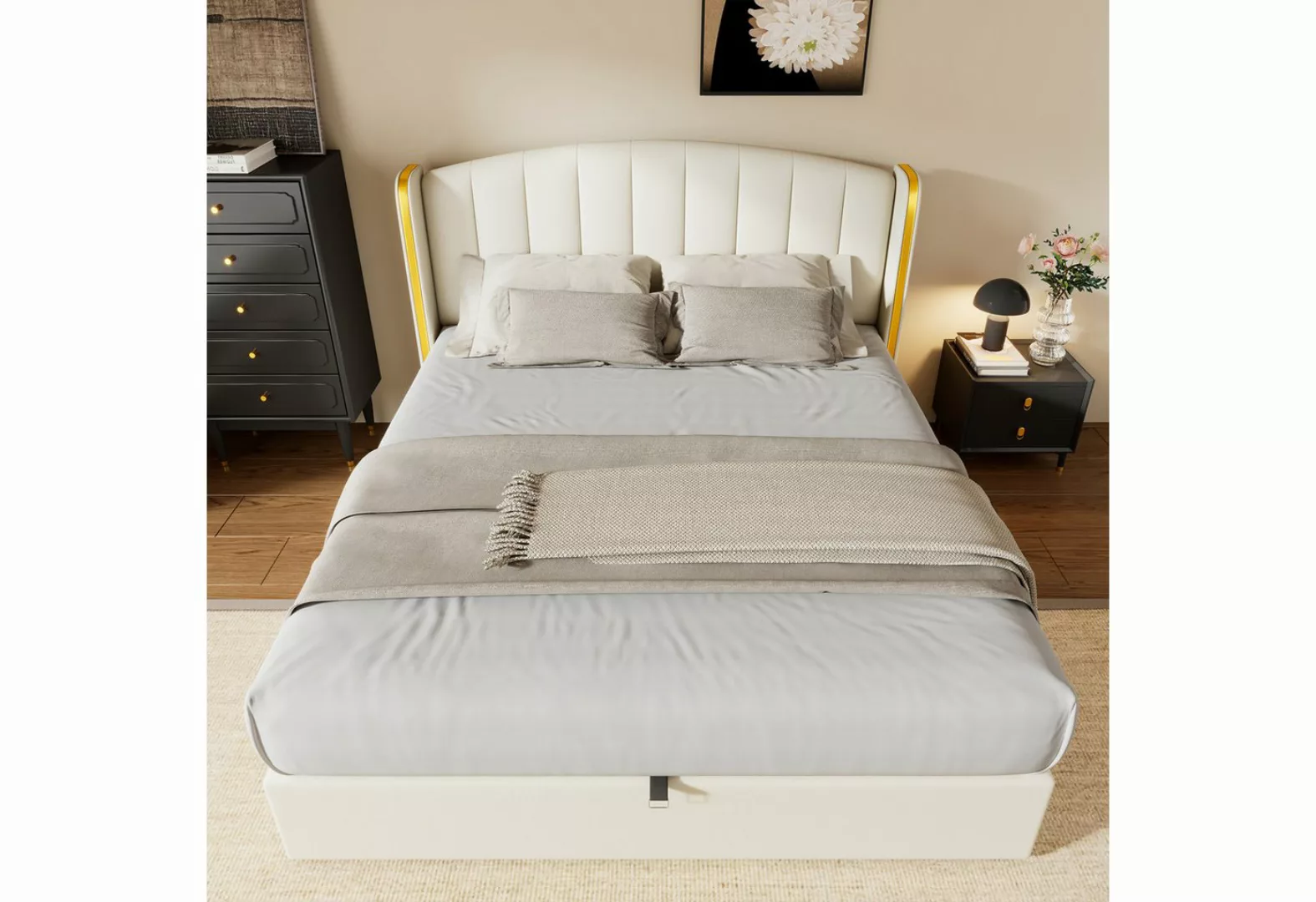 OKWISH Polsterbett Hydraulisches Bett (140*200cm), mit goldgerandetes Ohren günstig online kaufen