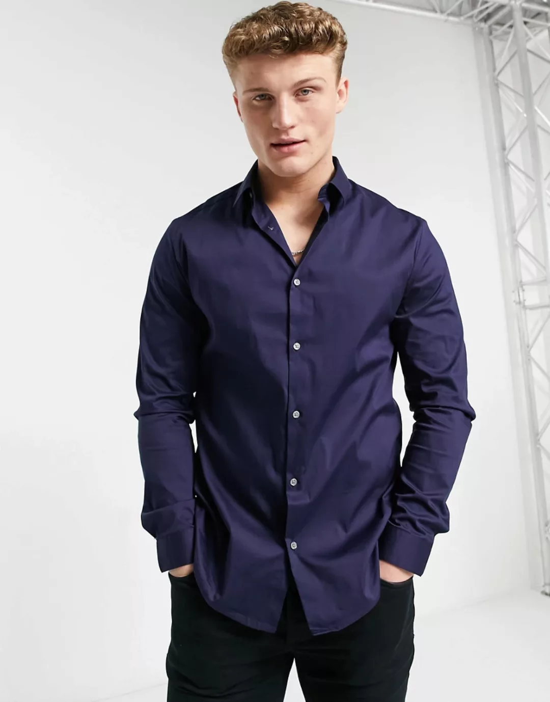 River Island – Langärmliges Muskelshirt in Marineblau günstig online kaufen