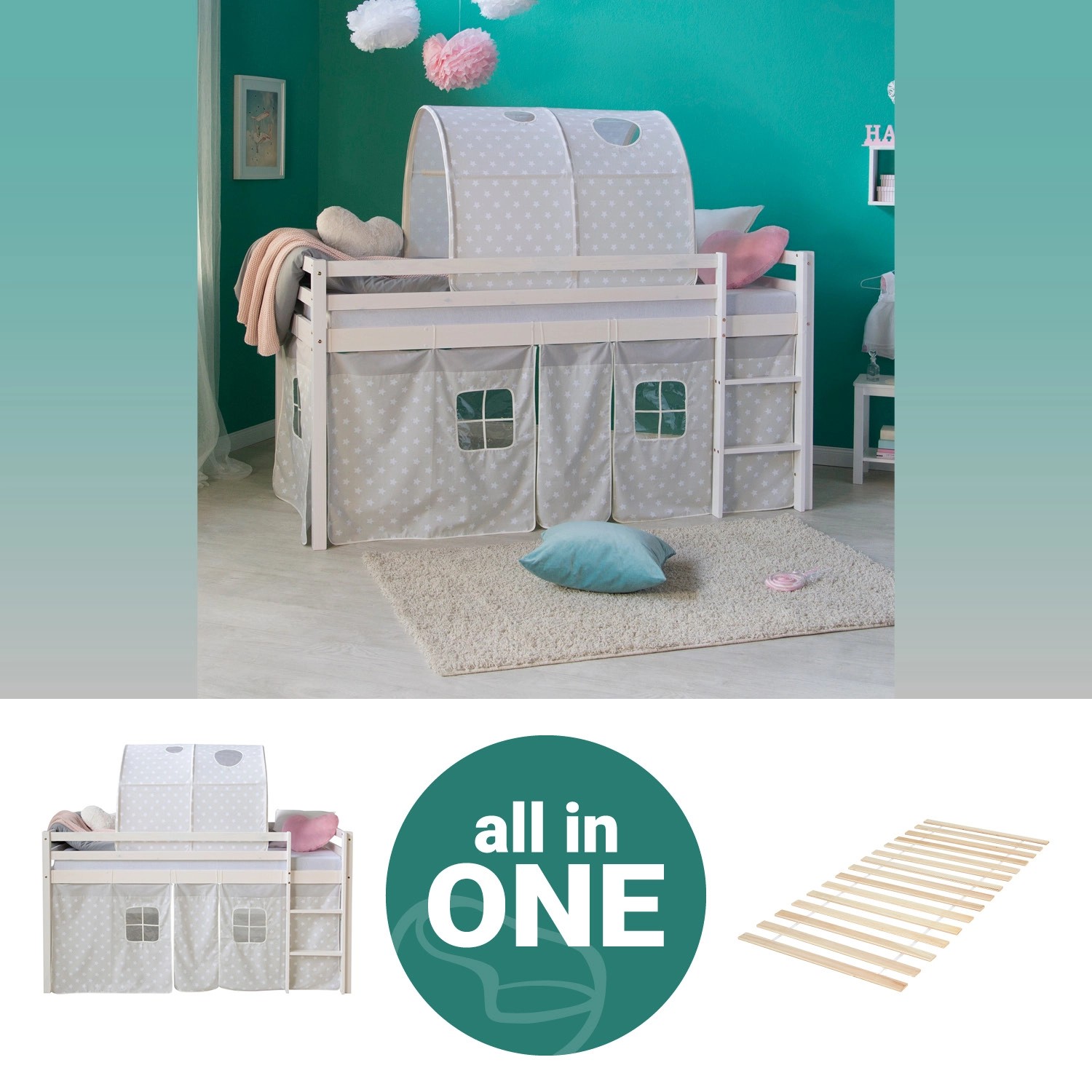 Homestyle4u Hochbett 90x200 Weiß mit Vorhang günstig online kaufen