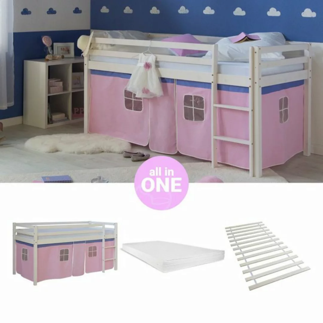 Homestyle4u Hochbett Kinderbett mit Leiter und Vorhang Weiß Rosa Holz Trepp günstig online kaufen