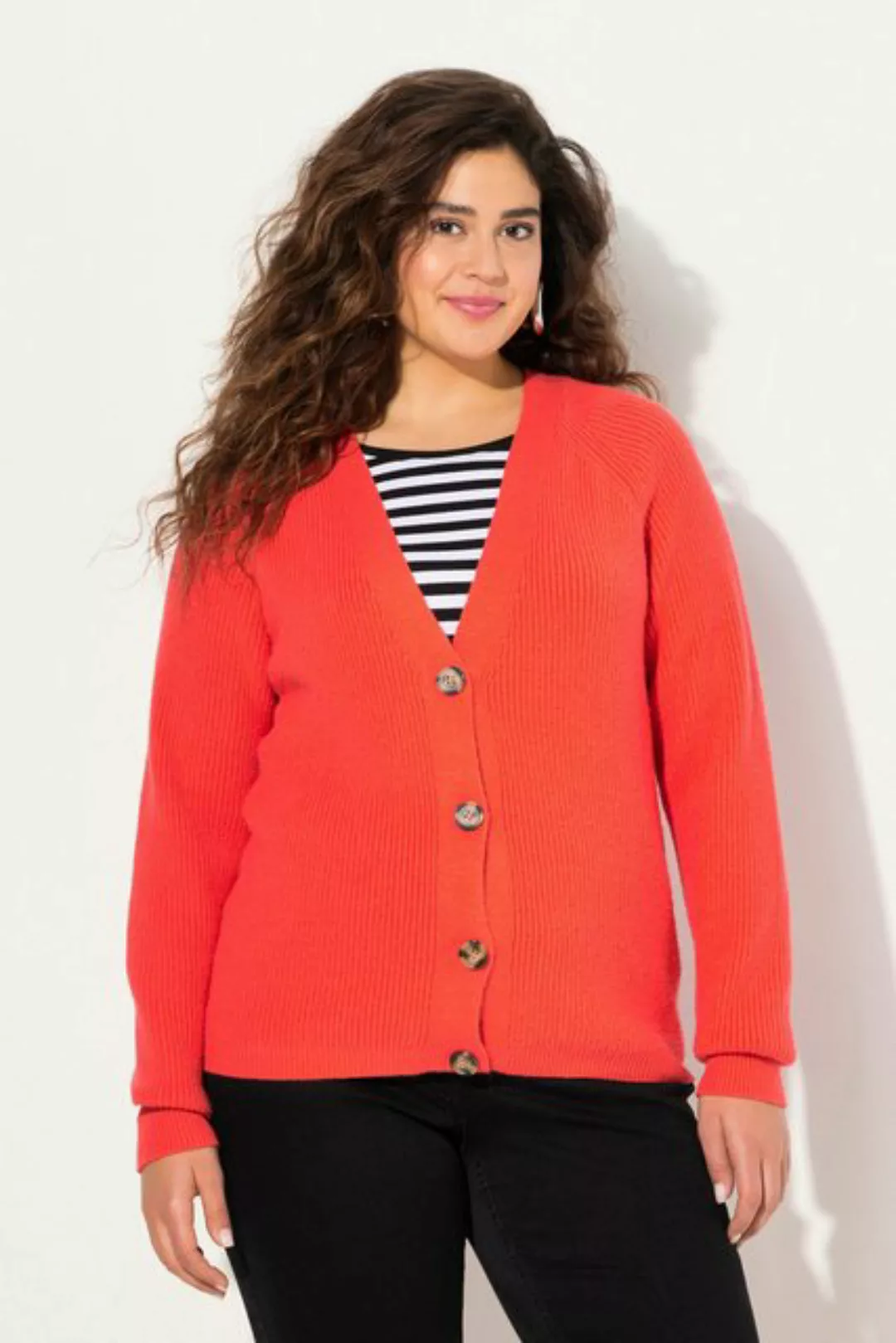 Ulla Popken Cardigan Strickjacke Rippstrick V-Ausschnitt Langarm günstig online kaufen