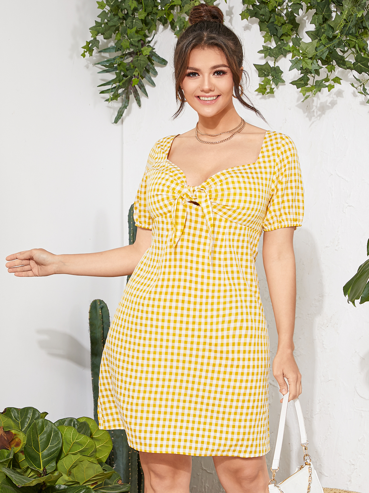 YOINS Plus Größe Square Neck Plaid Bowknot Kurzarm Mini Kleid günstig online kaufen