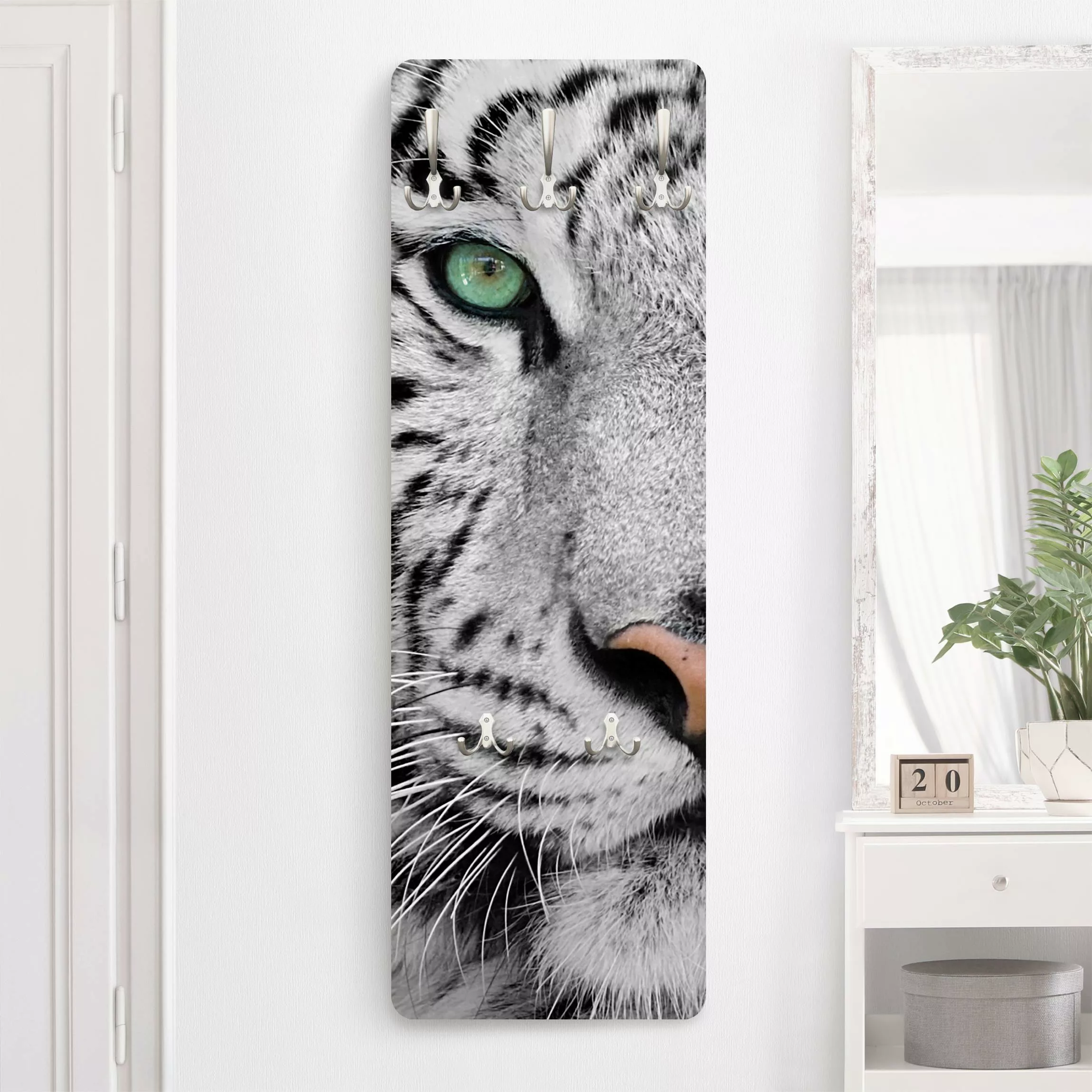 Wandgarderobe Holzpaneel Tiere Weißer Tiger günstig online kaufen