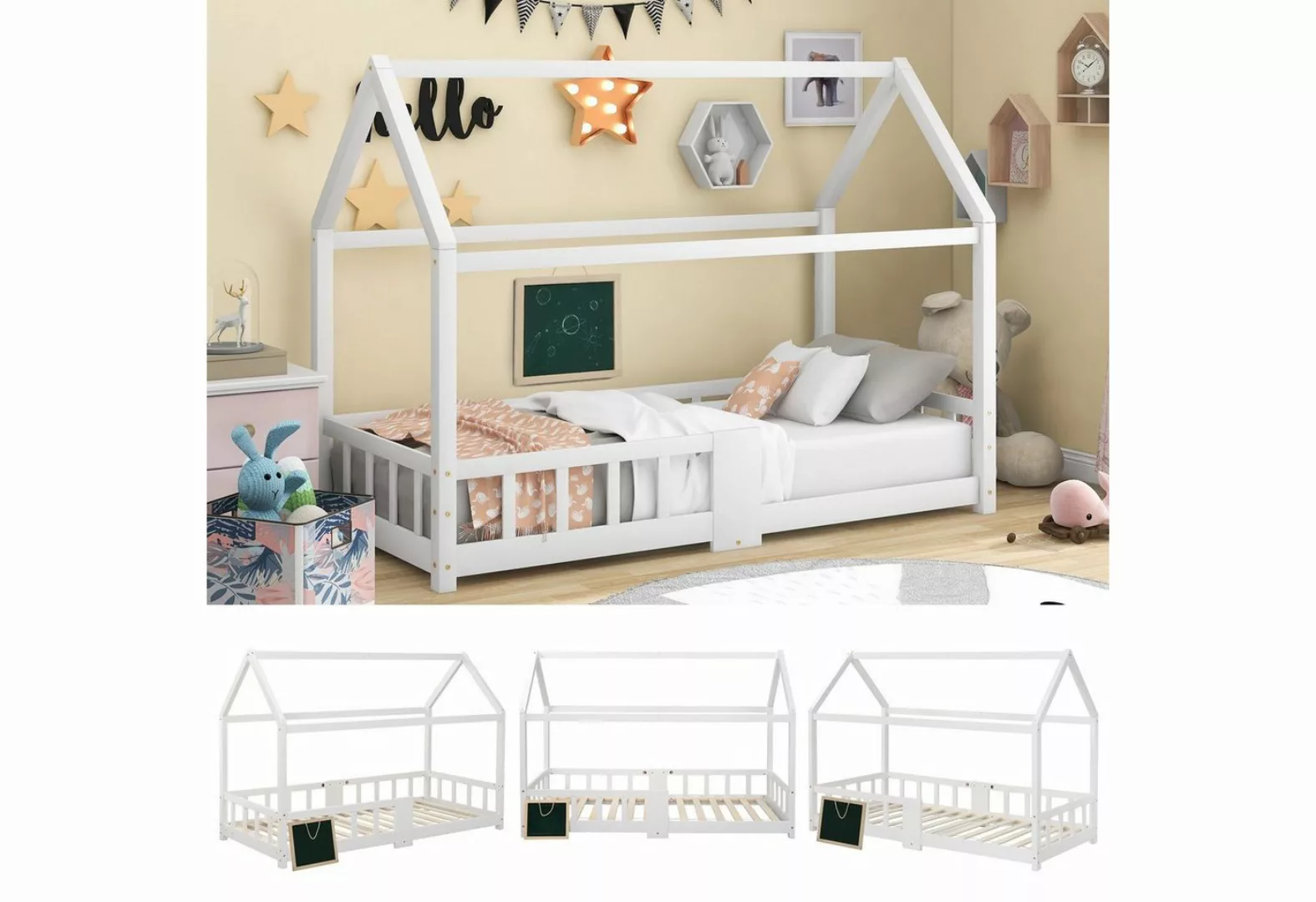 Flieks Kinderbett (1-tlg), Kiefernholz Hausbett mit Tafel 90x200cm günstig online kaufen